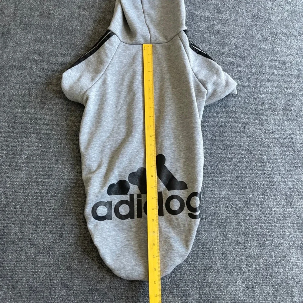 Adidog Gray Pet Hoodie Large Dog Fleece Sweatshirt Sporty Striped Parody Coat